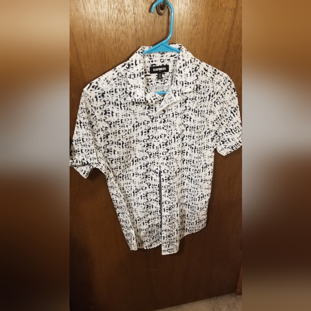 Express Black and White Casual Button Down Shirt with Unique Print
